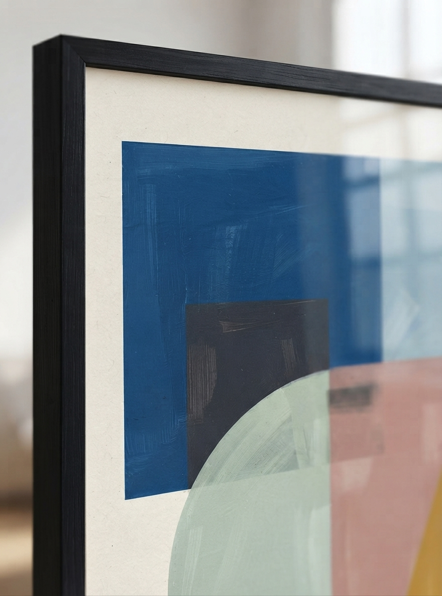 Close-up of a framed Mid-Century Modern Geometric Landscape Art Print available as a framed abstract art print created by Francis Phylae for Phylae Posters with a black frame, cream mat, and geometric shapes in blue, black, pale green, and dusty pink.