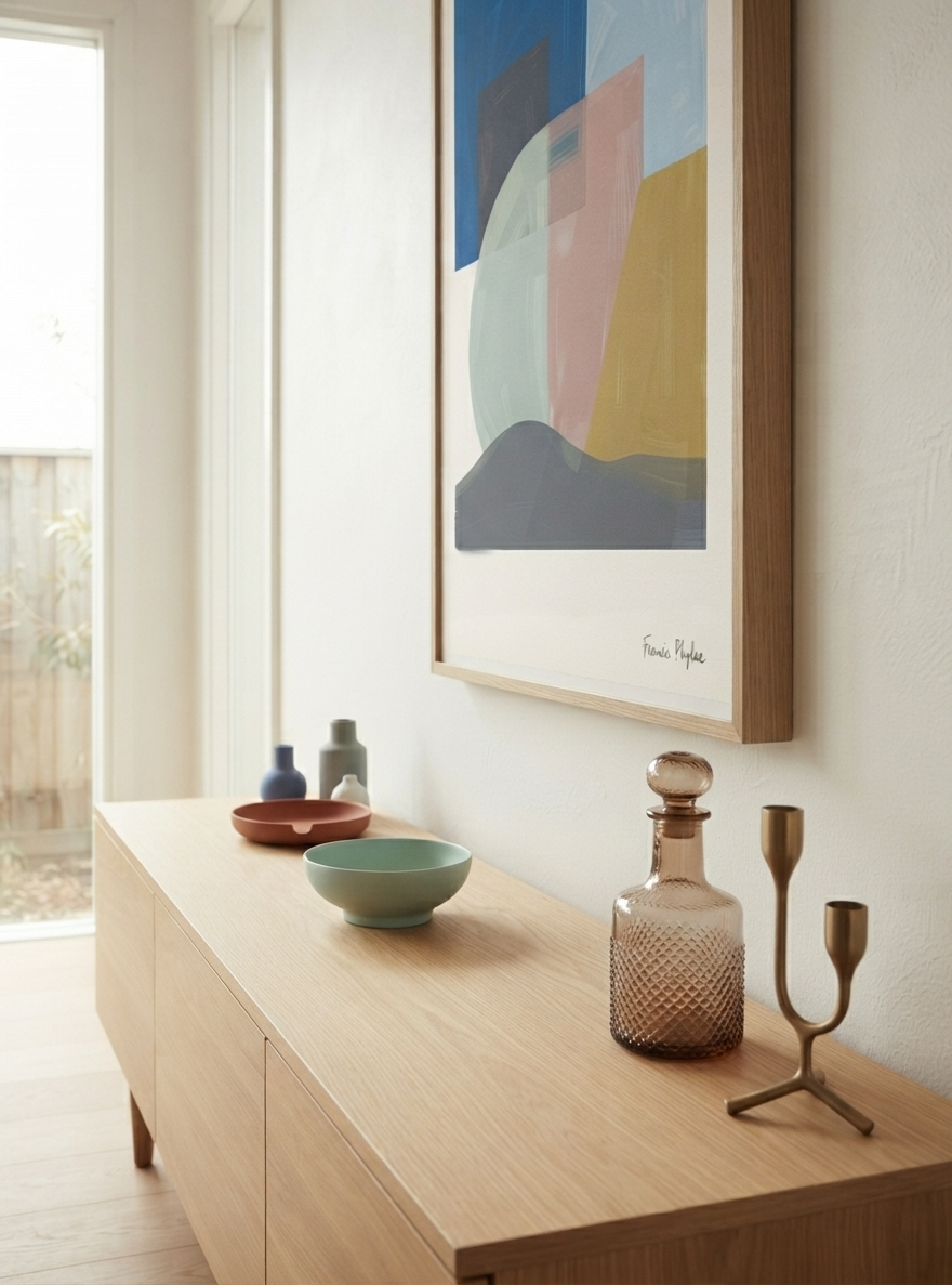 A framed  Mid-Century Modern Geometric Landscape Art Print with Retro Sun Wall Art inspiration, hand-painted by Francis Phylae and available from Phylae Posters with geometric shapes in blue, pink, yellow, and gray hangs on a white wall above a light wood sideboard. The scene includes decorative ceramic vases, a bowl, and a glass decanter in a bright interior setting.