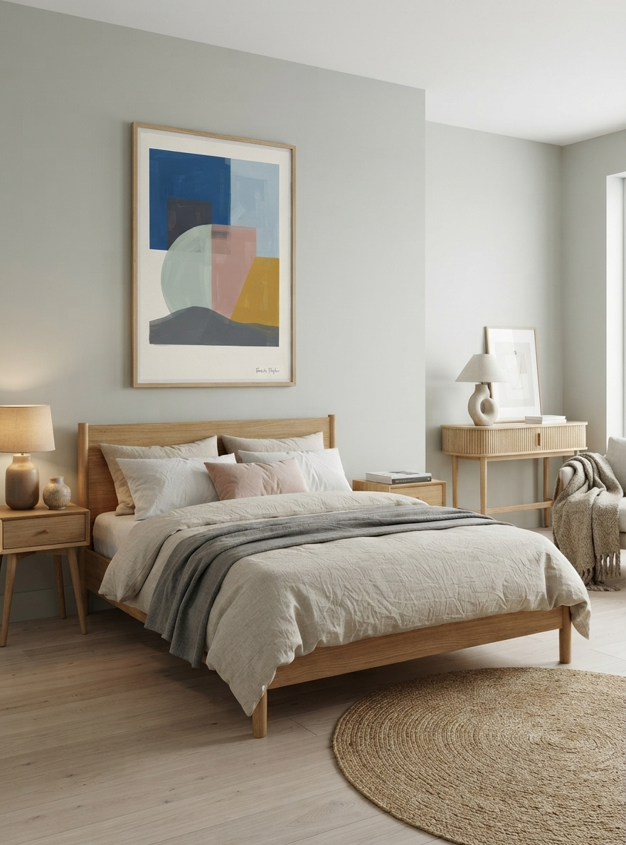 A styled bedroom featuring a light natural wood bed frame with beige linens, a gray throw blanket, a matching wooden nightstand on the left, and a console table on the right. The wall above the bed is painted a muted sage green and features a large framed Mid-Century Modern Geometric Landscape Art Print combining Japandi Wall Art aesthetics with minimalist geometric composition by Francis Phylae for Phylae Posters