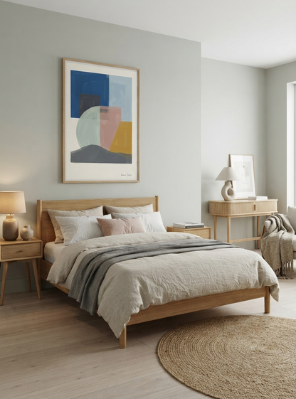 A styled bedroom featuring a light natural wood bed frame with beige linens, a gray throw blanket, a matching wooden nightstand on the left, and a console table on the right. The wall above the bed is painted a muted sage green and features a large framed Mid-Century Modern Geometric Landscape Art Print combining Japandi Wall Art aesthetics with minimalist geometric composition by Francis Phylae for Phylae Posters