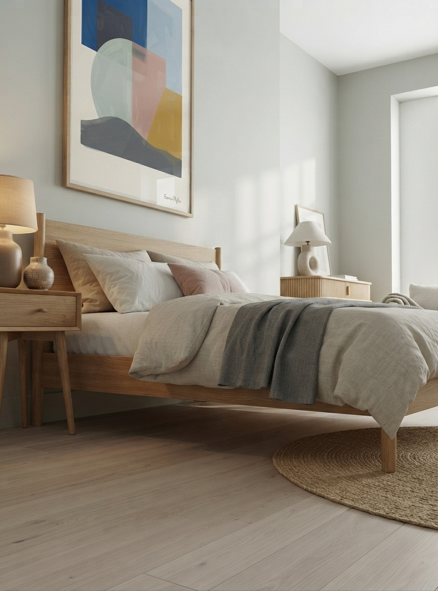 A minimalist bedroom scene featuring a light natural wood platform bed with neutral-toned bedding, flanked by matching wooden bedside tables with lamps, set against a pale gray wall with a large Mid-Century Modern Geometric Landscape Art Print influenced by Bauhaus Poster design and geometric forms, created by Francis Phylae for Phylae Posters.