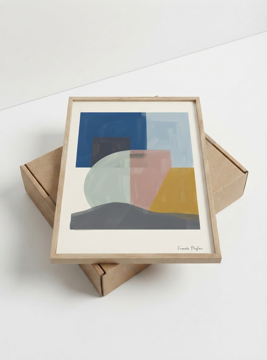 A framed Mid-Century Modern Geometric Landscape Art Print printed as a high-quality art poster from the original acrylic artwork by Francis Phylae at Phylae Posters, featuring geometric shapes in blue, gray, pink, yellow, and light blue, displayed on top of two brown cardboard boxes against a white background.