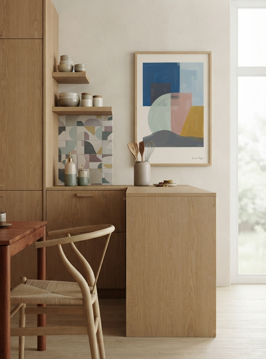 A styled interior corner featuring a light oak wood desk and matching cabinet, a woven-back chair, ceramic jars on floating shelves, and a framed Mid-Century Modern Geometric Landscape Art Print with teal and mustard yellow wall decor colours, created by Francis Phylae for Phylae Posters.
