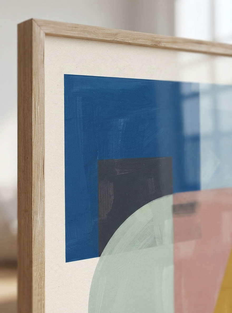 Close-up of a framed Mid-Century Modern Geometric Landscape Art Print with abstract block painting details and minimalist styling by Francis Phylae for Phylae Posters with geometric shapes in blue, black, pale green, pink, and yellow on a cream background, set in a light natural wood frame.