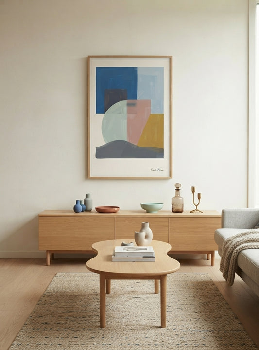 A framed Mid-Century Modern Geometric Landscape Art Print inspired by Scandinavian Mid Century Decor, created from an original acrylic painting by Francis Phylae for Phylae Posters.hangs above a light wood sideboard in a minimalist living room. The artwork features blocks and organic shapes in blue, gray, pink, beige, and mustard yellow.