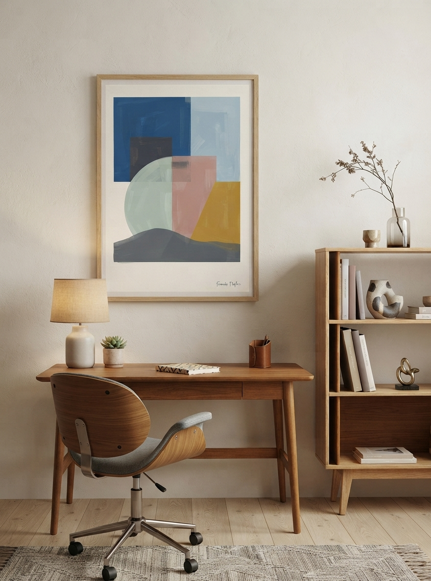A framed Mid-Century Modern Geometric Landscape Art Print blending Boho Modern Art Poster style with geometric landscape composition by Francis Phylae at Phylae Posters. hangs above a wooden desk in a styled home office setting with a chair, lamp, and bookshelf.