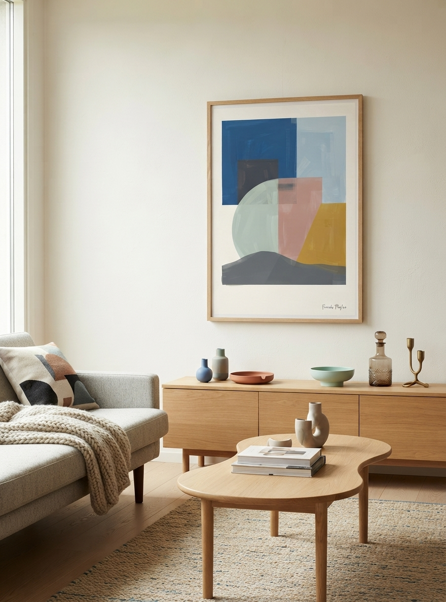 A framed Mid-Century Modern Geometric Landscape Art Print designed as a Neutral Mid Century Print from an original acrylic artwork by Francis Phylae at Phylae Posters with organic shapes and a contemporary abstract decor, hangs above a light wood sideboard in a softly styled living room with a sofa, coffee table, and neutral decor.