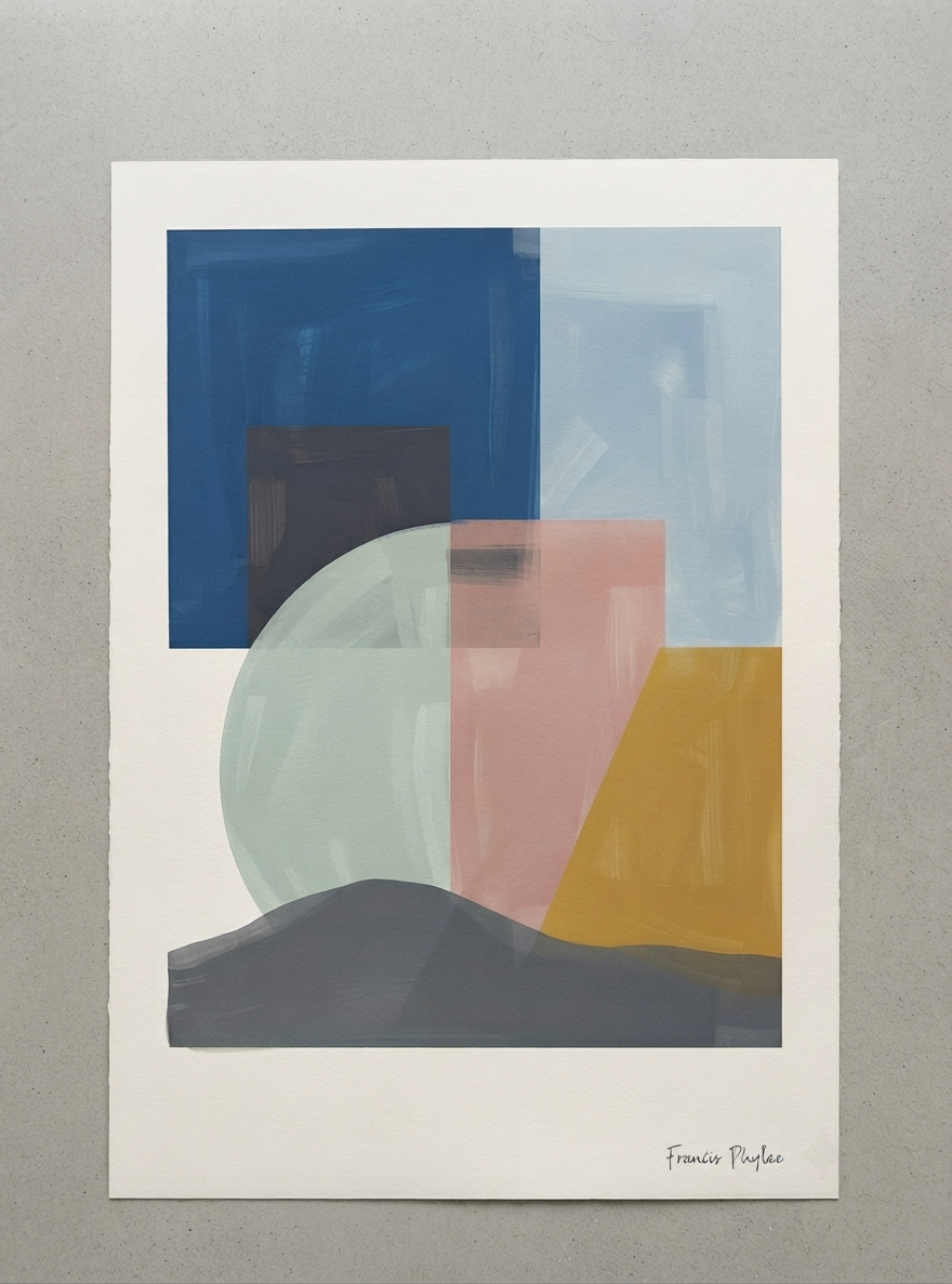 An Mid-Century Modern Geometric Landscape Art Print featuring abstract mountains or sunset print elements painted by Francis Phylae for Phylae Posters, featuring blocks of blue, pink, yellow, gray, and white, displayed on a neutral gray background.
