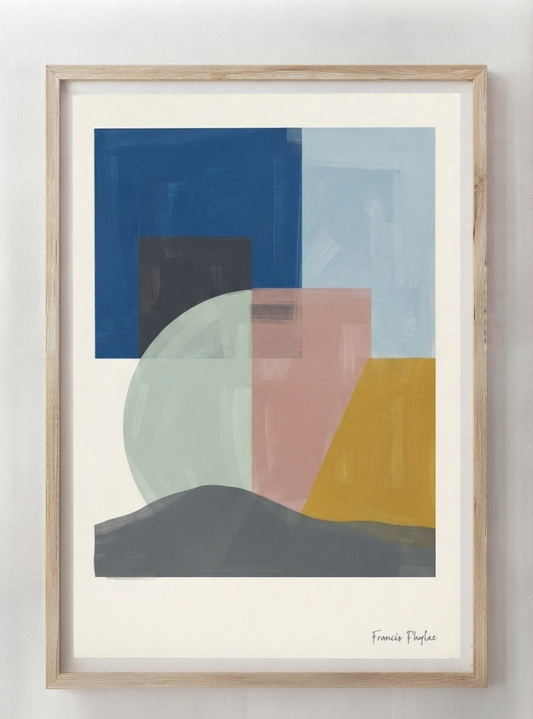 Framed Mid-Century Modern Geometric Landscape Art Print featuring abstract geometric wall art in muted tones, original artwork by Francis Phylae for Phylae Posters. featuring blocks of blue, pink, yellow, gray, and black shapes on a white mat, housed in a light natural wood frame against a white wall.