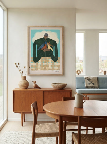 The Bird Whisperer | Modern Folk Art Man with Birds Fine Art Print