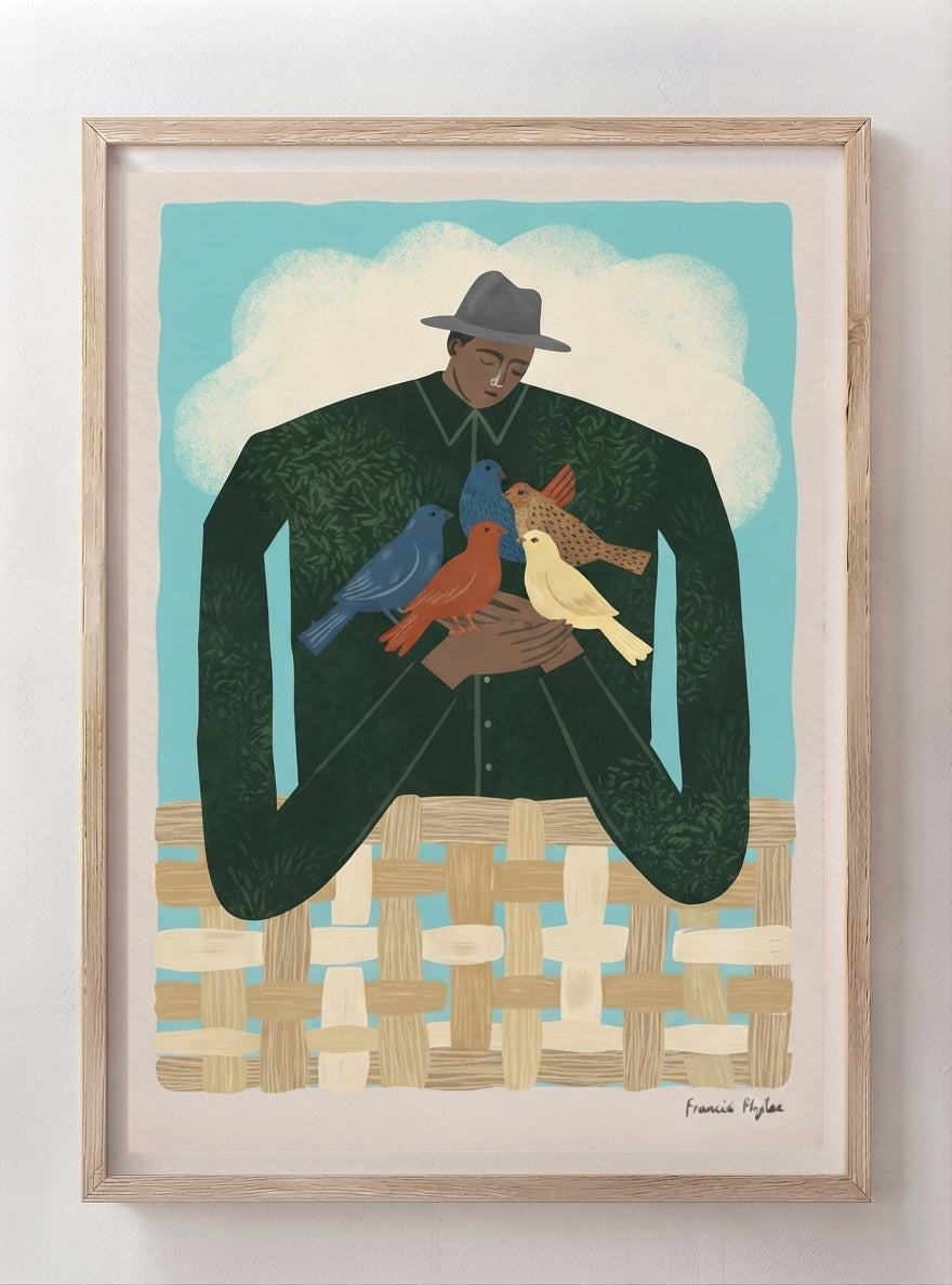 The Bird Whisperer | Modern Folk Art Man with Birds Fine Art Print