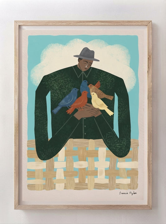 The Bird Whisperer | Modern Folk Art Man with Birds Fine Art Print