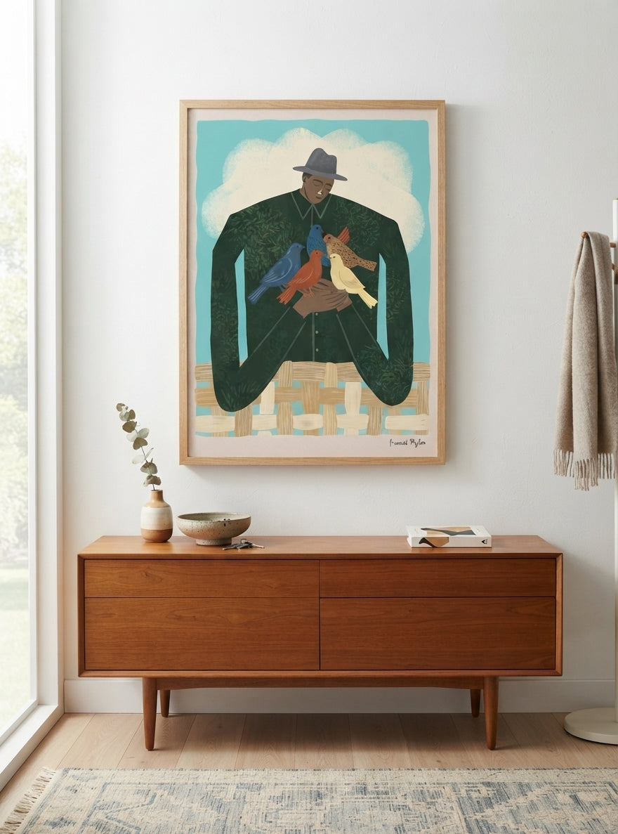 The Bird Whisperer | Modern Folk Art Man with Birds Fine Art Print