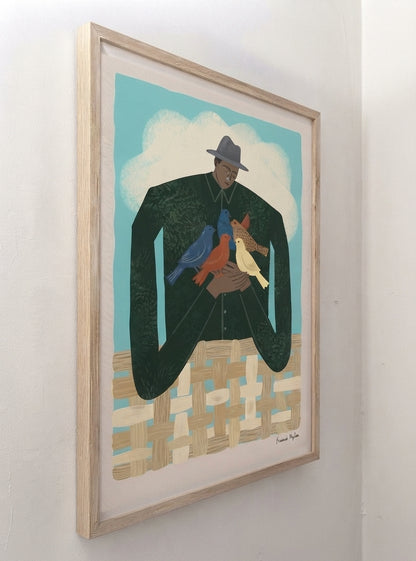 The Bird Whisperer | Modern Folk Art Man with Birds Fine Art Print