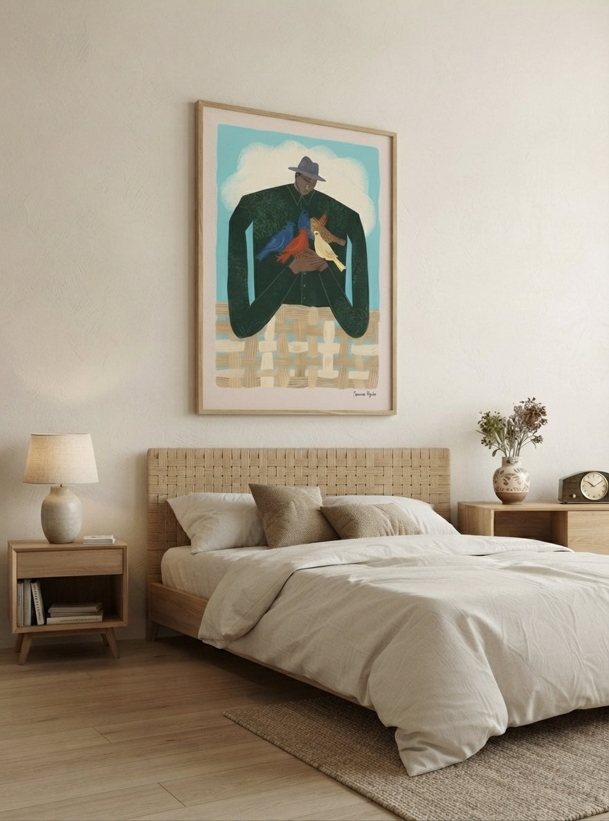 The Bird Whisperer | Modern Folk Art Man with Birds Fine Art Print