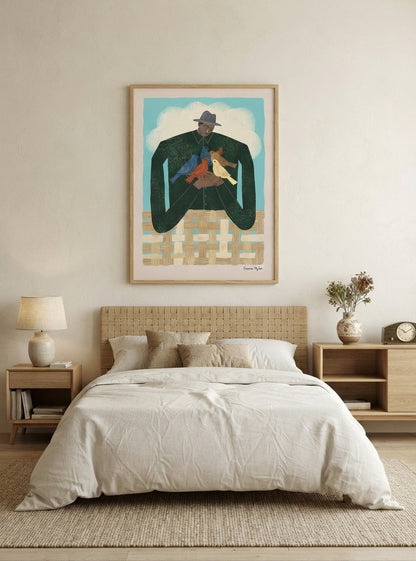 The Bird Whisperer | Modern Folk Art Man with Birds Fine Art Print