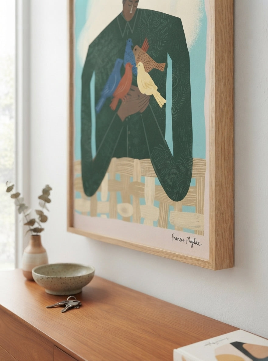 The Bird Whisperer | Modern Folk Art Man with Birds Fine Art Print