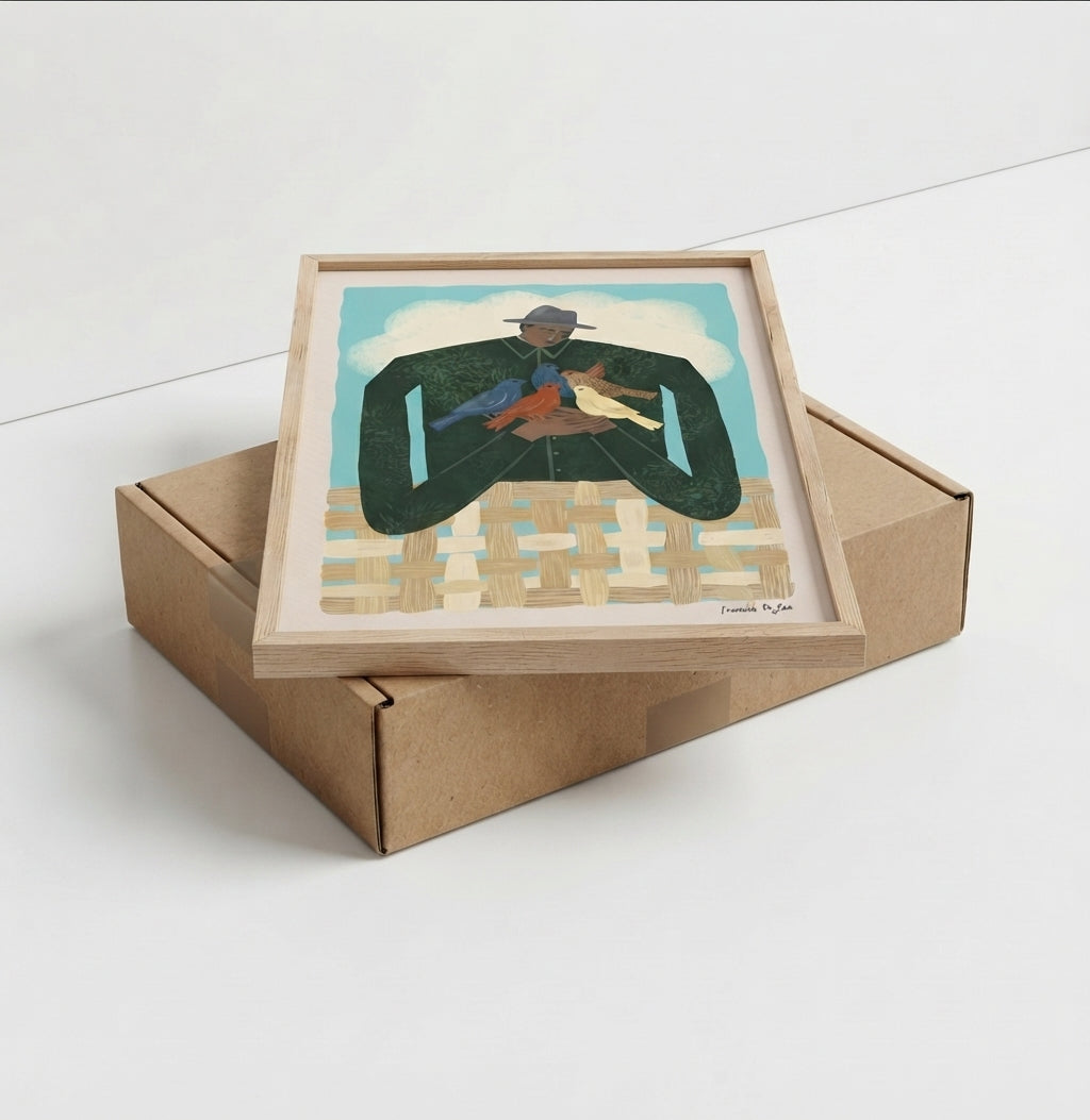 The Bird Whisperer | Modern Folk Art Man with Birds Fine Art Print
