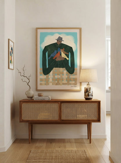 The Bird Whisperer | Modern Folk Art Man with Birds Fine Art Print