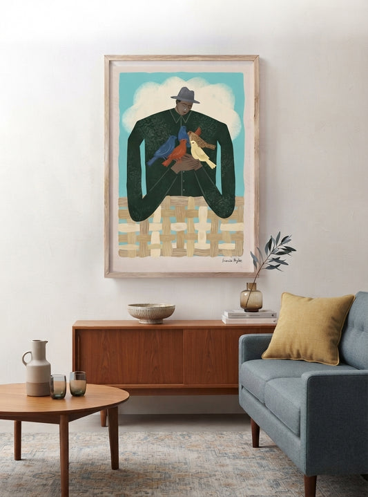 The Bird Whisperer | Modern Folk Art Man with Birds Fine Art Print