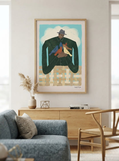 The Bird Whisperer | Modern Folk Art Man with Birds Fine Art Print