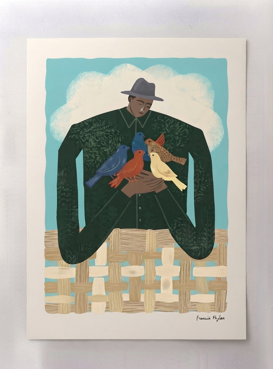 The Bird Whisperer | Modern Folk Art Man with Birds Fine Art Print