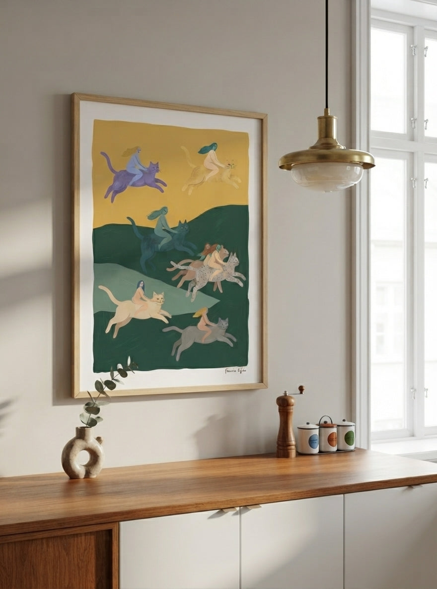 The Cat Riders | Surrealist Cat Wall Art Print