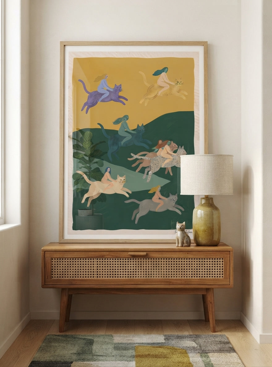 The Cat Riders | Surrealist Cat Wall Art Print