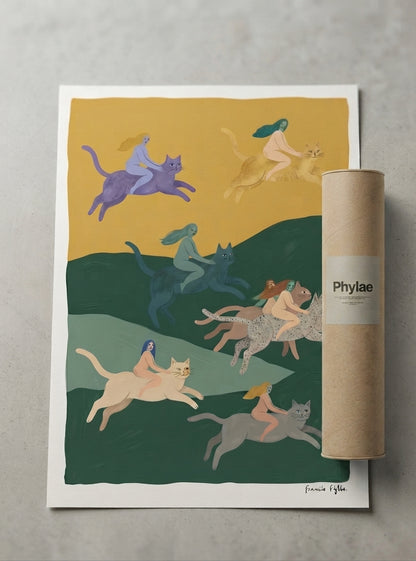 The Cat Riders | Surrealist Cat Wall Art Print