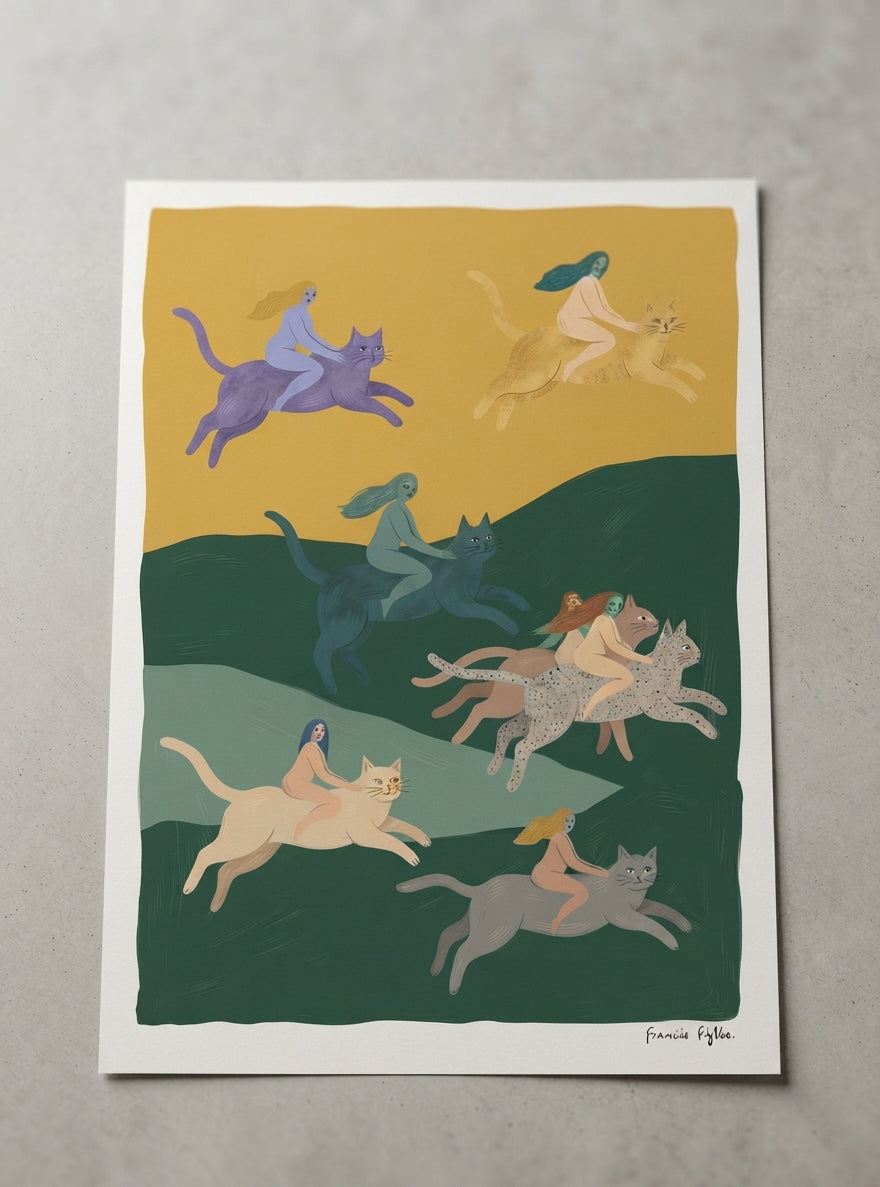 The Cat Riders | Surrealist Cat Wall Art Print