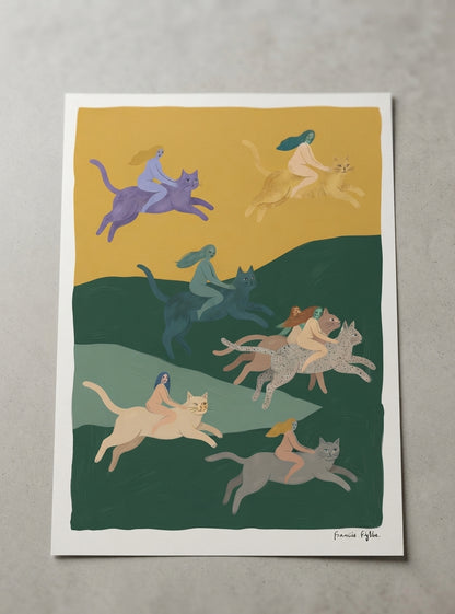 The Cat Riders | Surrealist Cat Wall Art Print