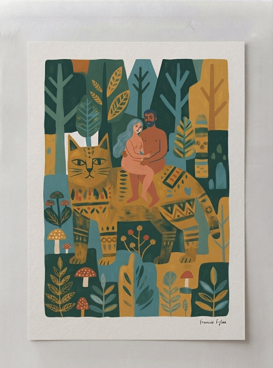 Whimsical Woodland Cat | Folk Art Cat Wall Art Print