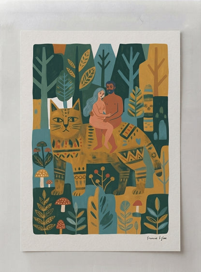 Whimsical Woodland Cat | Folk Art Cat Wall Art Print