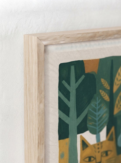 Whimsical Woodland Cat | Folk Art Cat Wall Art Print